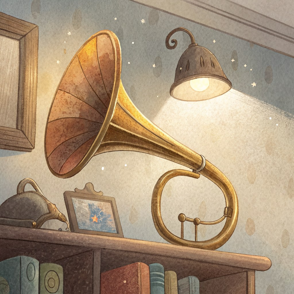 a close-up of an old curved brass ear-trumpet, warm lamplight glinting along its polished bell, plain shelf backdrop