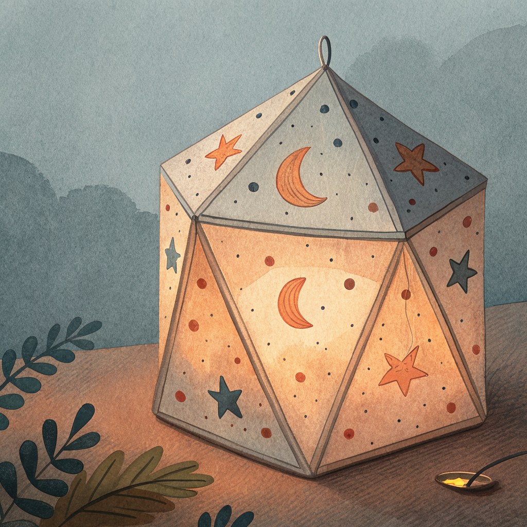 a close-up of a small folded paper lantern patterned with little moons and dots, glowing warm apricot from within, plain