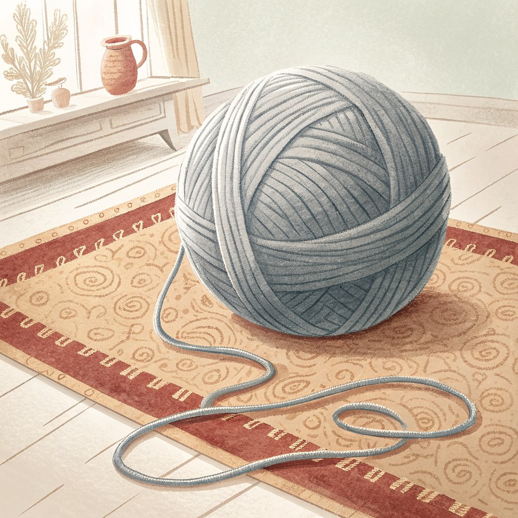 a close-up of a large, softly tangled ball of grey wool with one loose thread curling away from it, on a warm patterned 