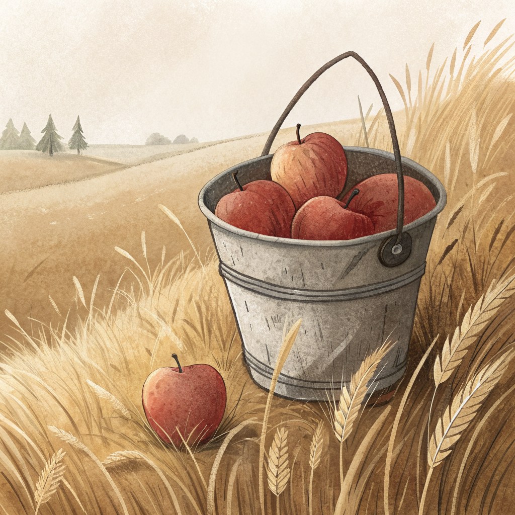a close-up of a small dented tin pail holding a few round windfall apples, golden grass behind