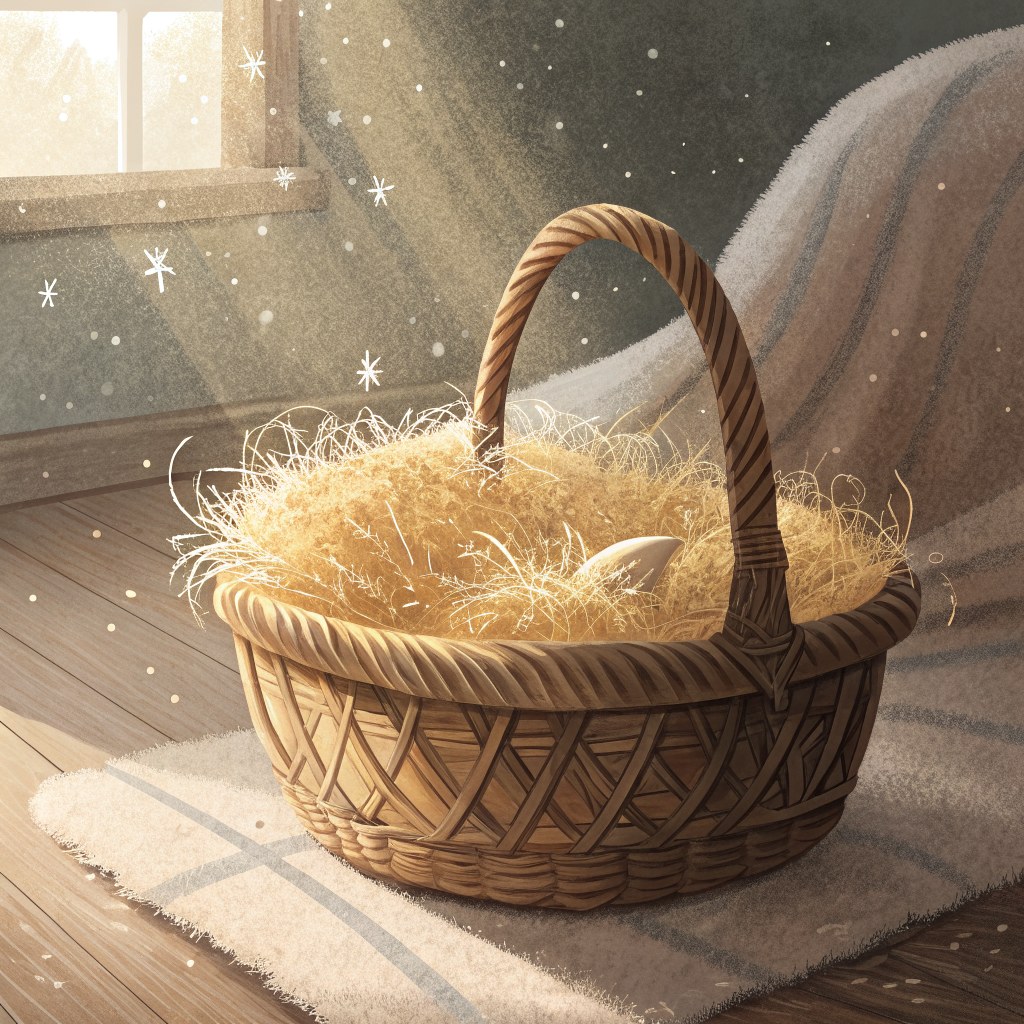a close-up of a small wicker basket lined with soft golden straw, warm evening light on the weave