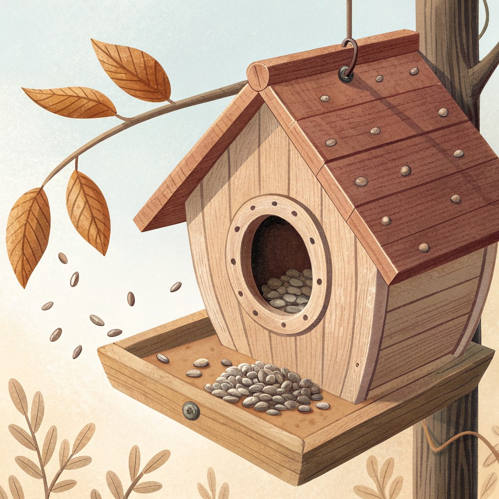 a close-up of a small wooden bird feeder shaped like a tiny house, round door and a slender perch, seeds spilling slight