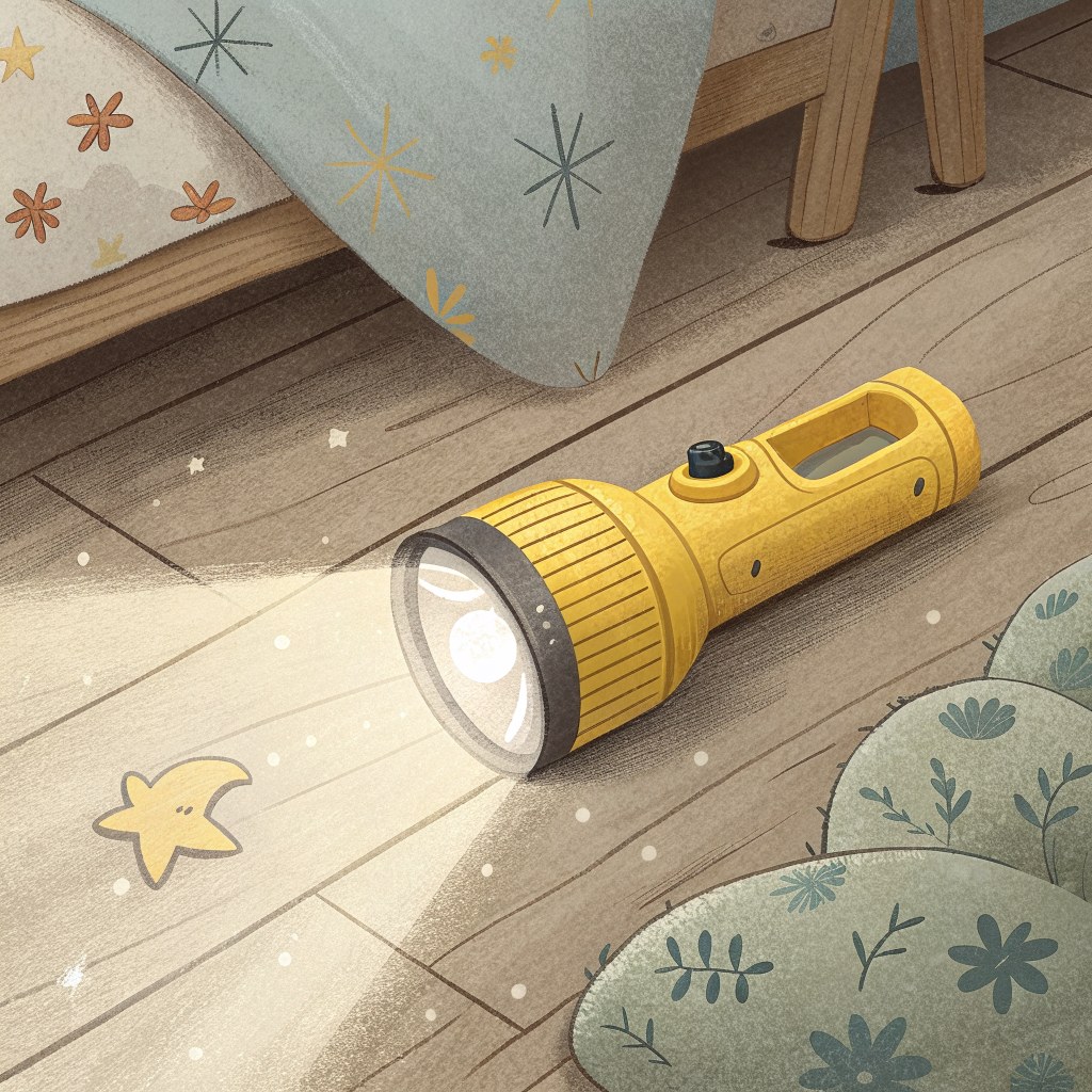 a close-up of a small yellow rubber torch, its beam making a soft round glow on bare floorboards
