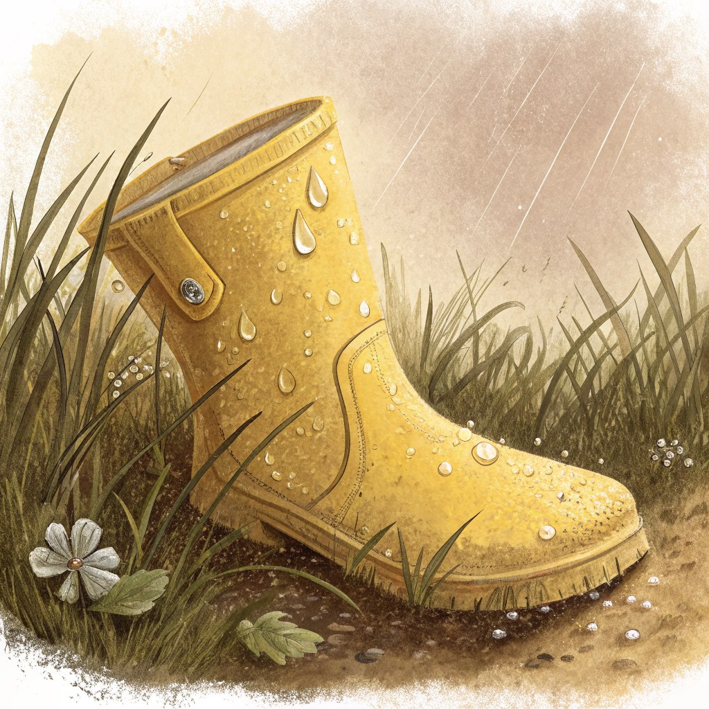 a close-up of a single yellow wellington boot lying on its side on wet grass, rainwater beading on it