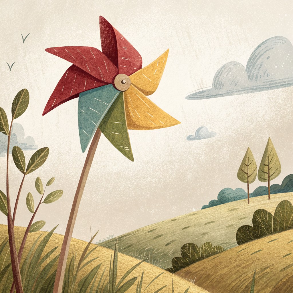 a close-up of a handmade paper pinwheel on a slim wooden stick, red, yellow and shiny green blades, plain pale sky behin