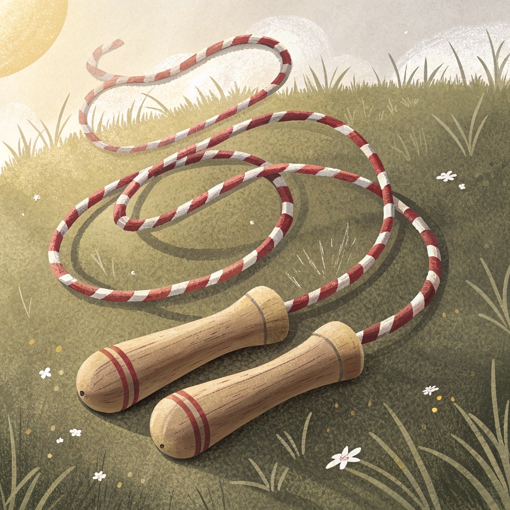 a close-up of a red-and-white skipping rope with smooth wooden handles, lying loosely coiled on sunlit grass
